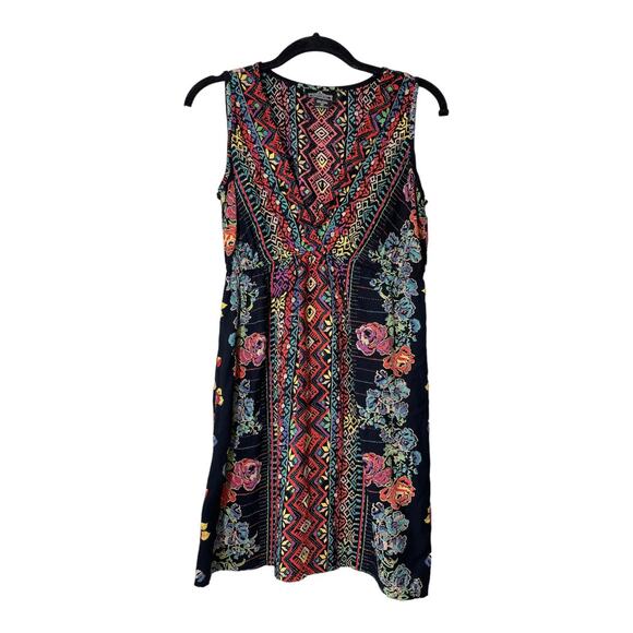 Angie Sleeveless V-Neck Dress Short Black Colorful Small Boho Floral Diamond - Picture 1 of 4